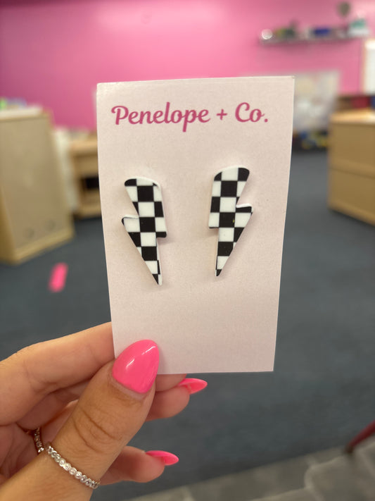 Checkered lightning bolt studs